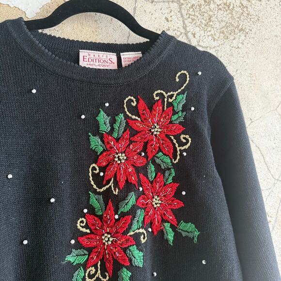 Vtg 90s Christmas Sweater Poinsettias Retro Holiday Embroidered Ugly XMAS XL - Picture 2 of 10